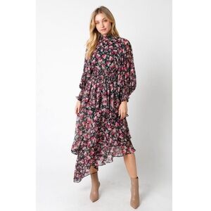 Olivaceous pink Floral Midi Asymmetrical Tiered Long sleeve Dress size large